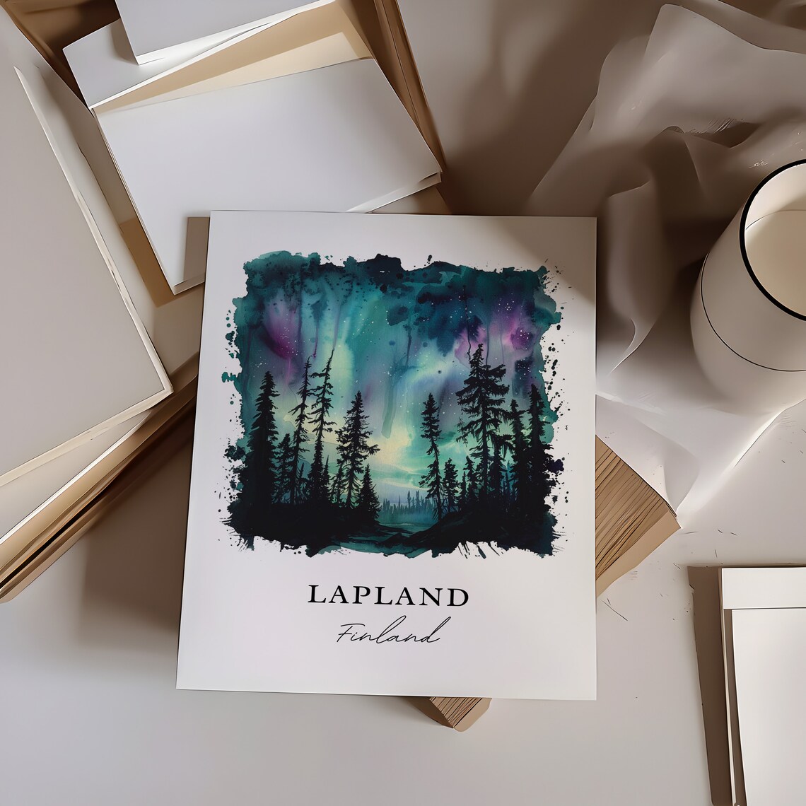 Lapland Finland Northern Lights Forest Watercolor Travel Poster - Image 6