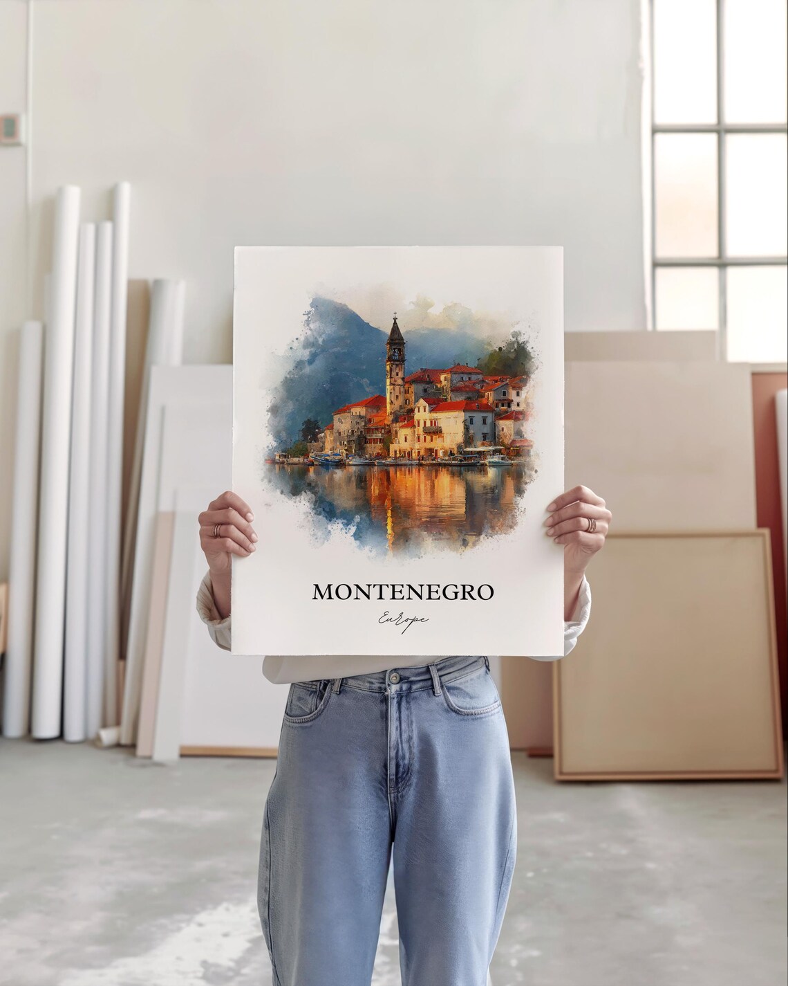 Montenegro Bay Town Red Roofs Watercolor Europe Travel Poster - Image 4