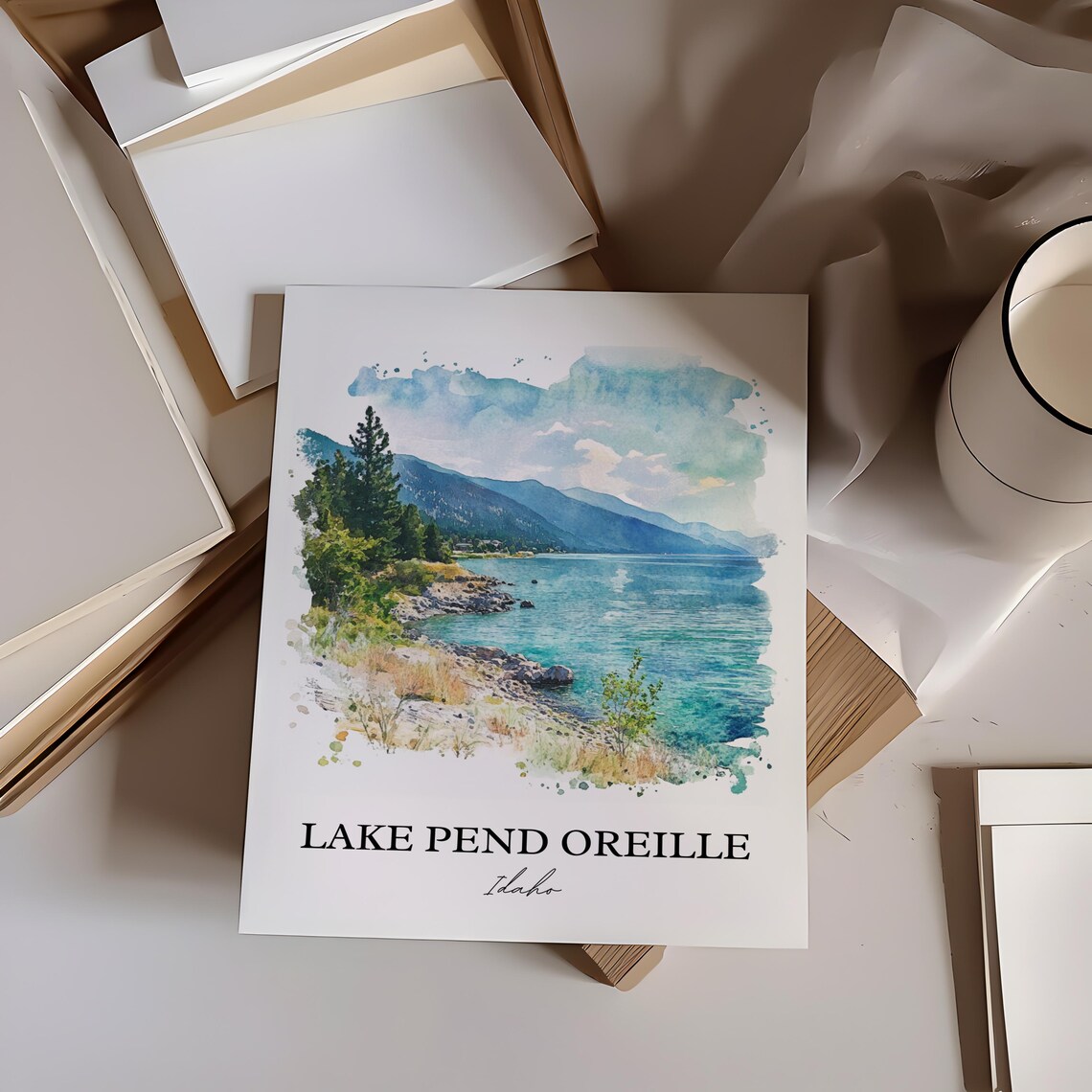Lake Pend Oreille Idaho Watercolor Rocky Shore Mountain Scene Poster - Image 2