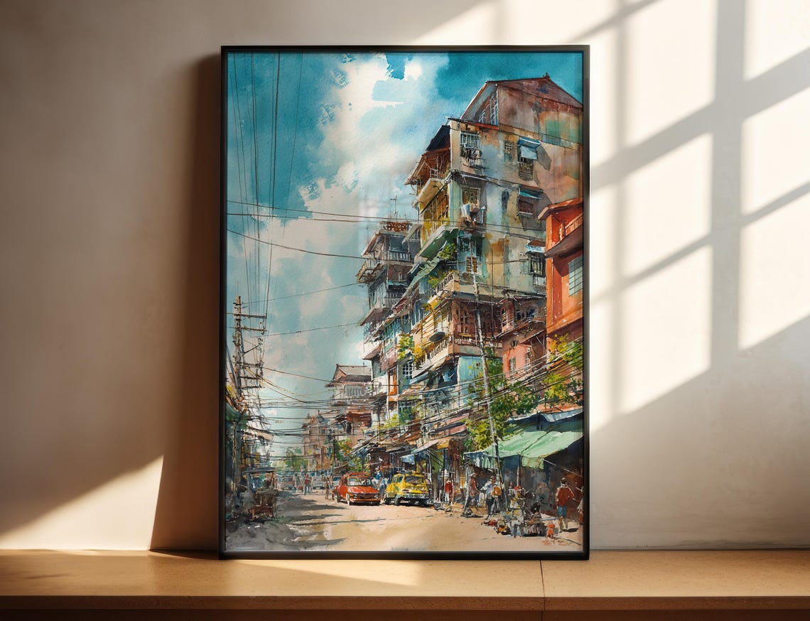 Old Town Street Watercolor City Traffic Daily Life Scene Poster