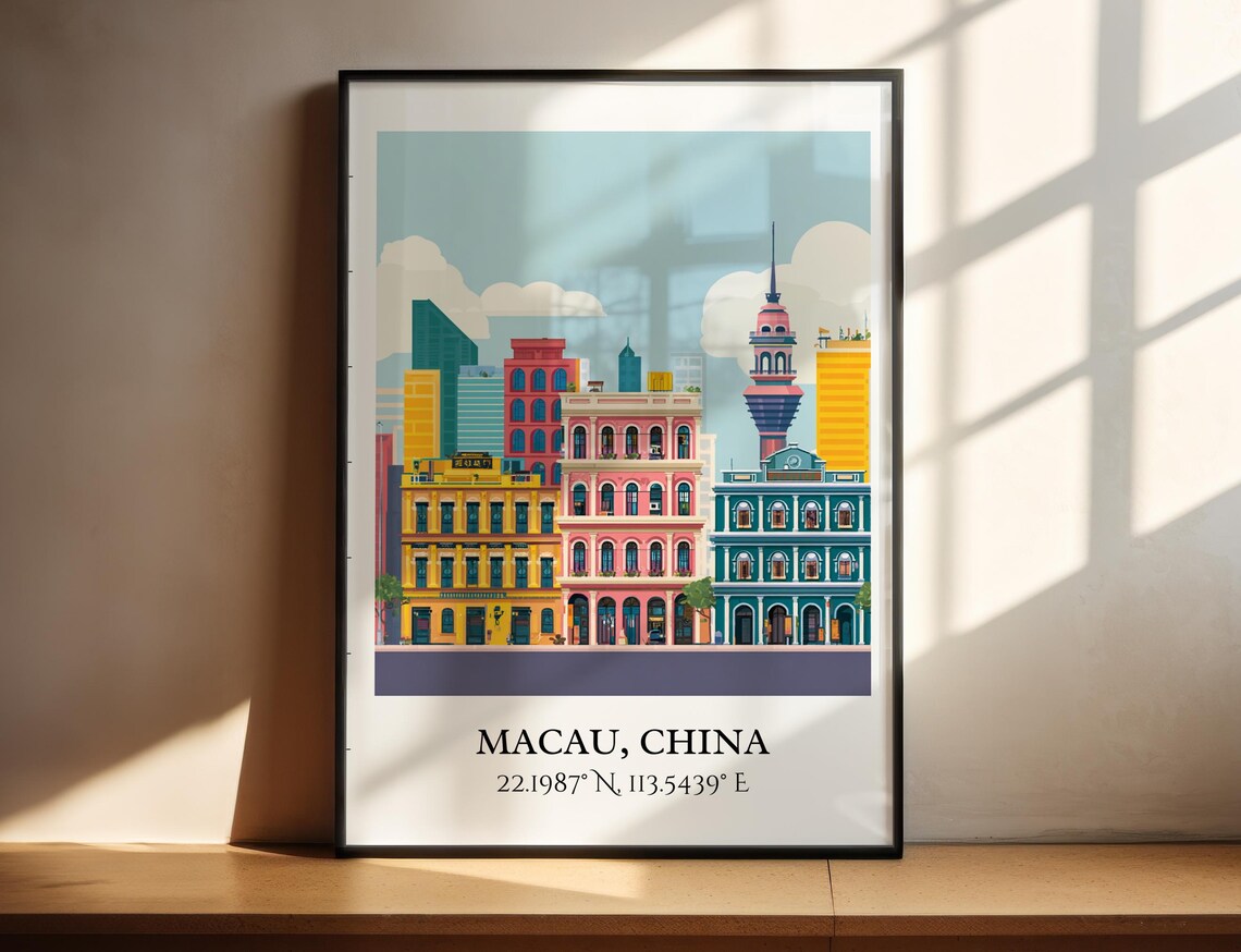 Macau China Colonial Buildings Pastel Flat Illustration Travel Poster