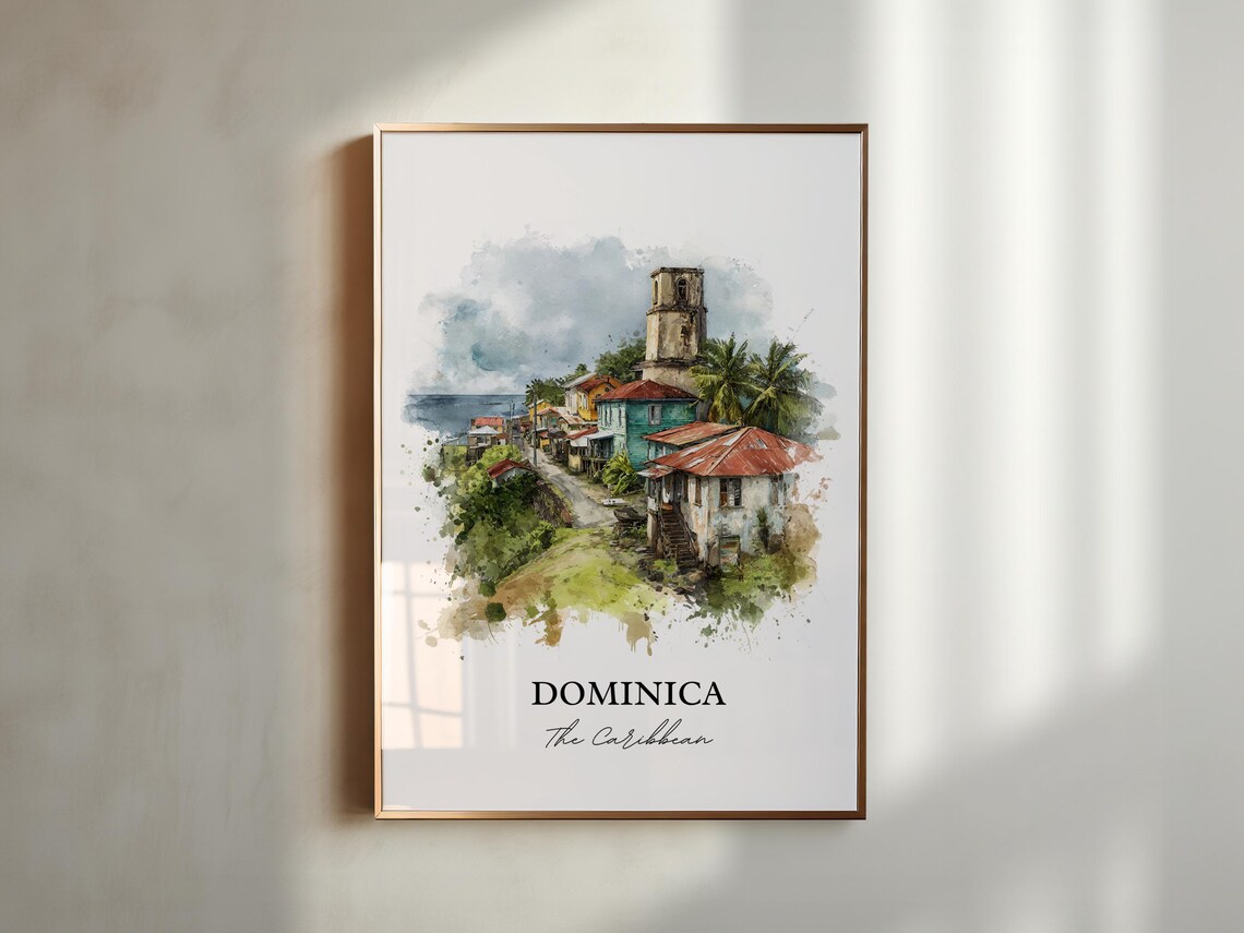 Dominica Caribbean Coastal Town Church Watercolor Art Poster - Image 5