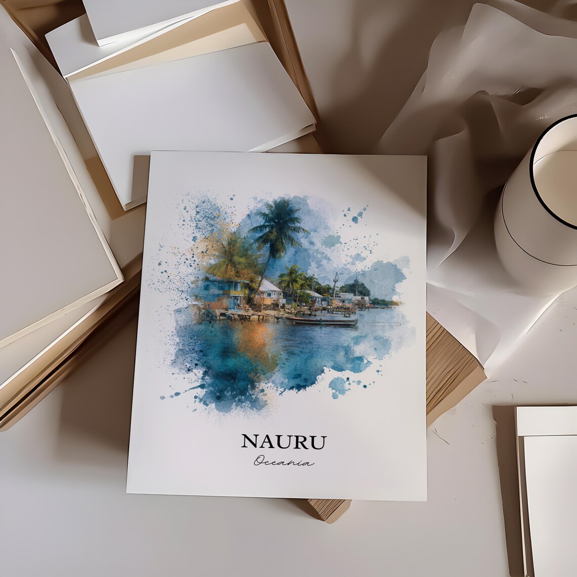 Nauru Oceania Palm Waterfront Boats Village Watercolor Travel Poster - Image 4