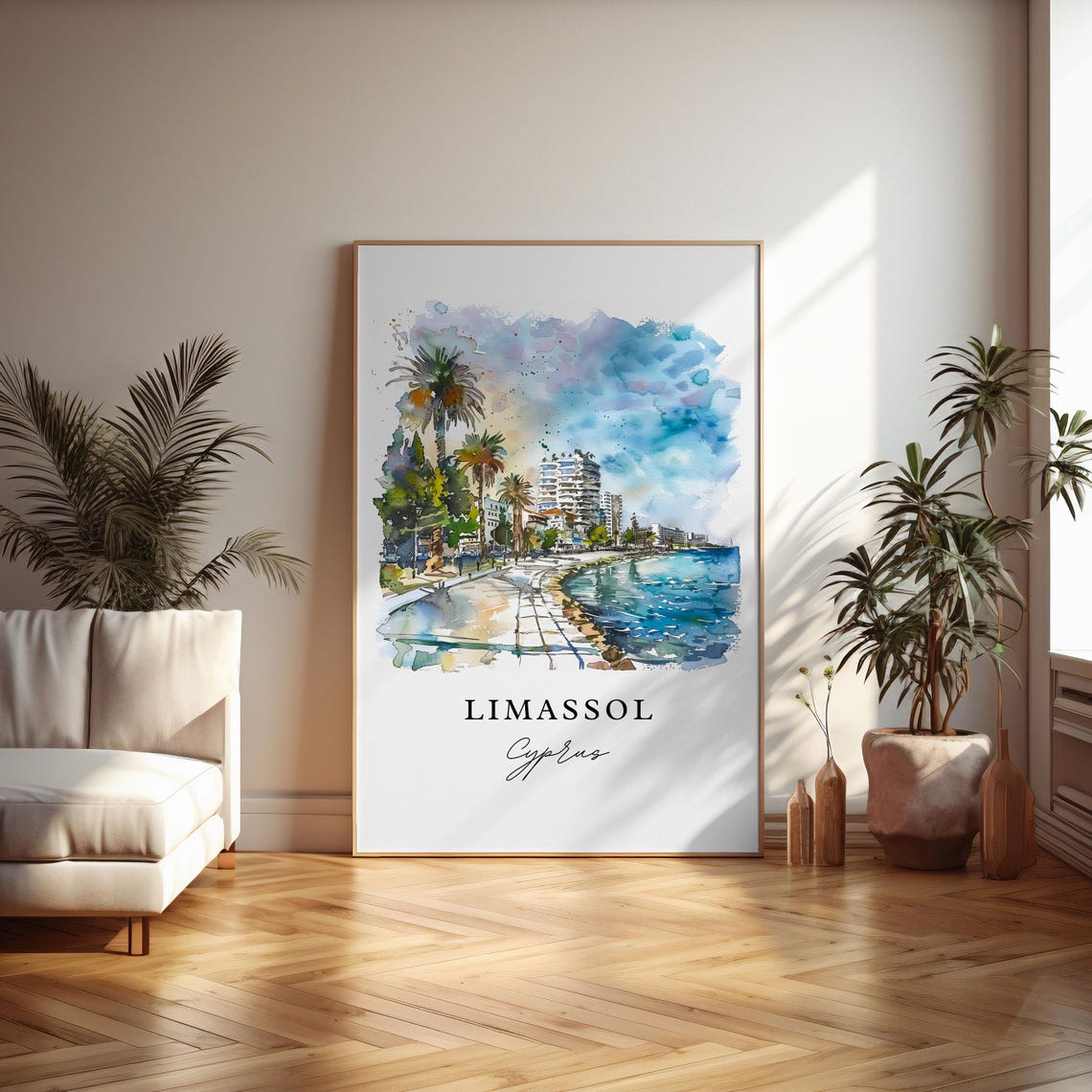 Limassol Cyprus Watercolor Seaside Promenade Palm Trees Poster - Image 4
