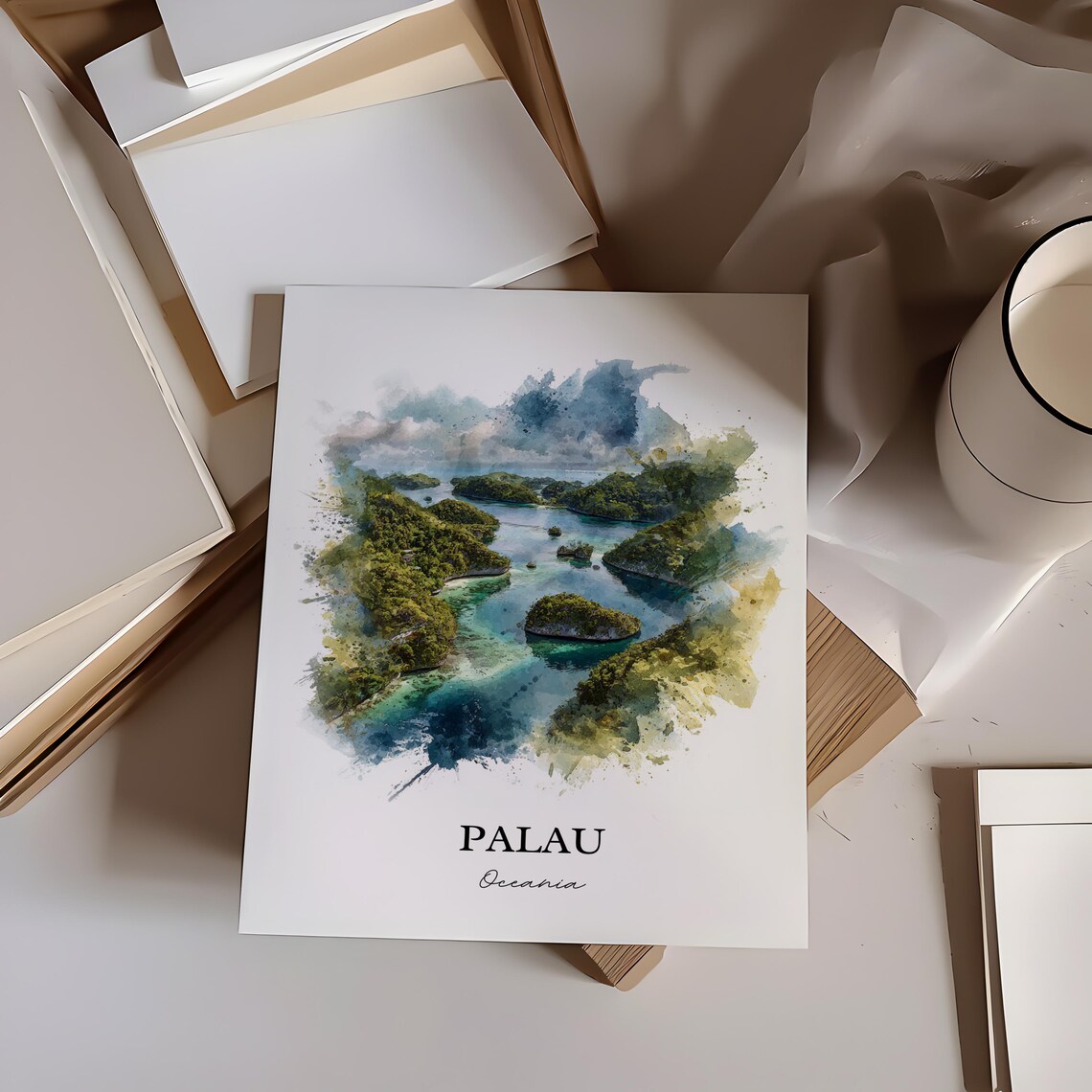 Palau Oceania Rock Islands Lagoon Aerial Watercolor Art Poster - Image 3