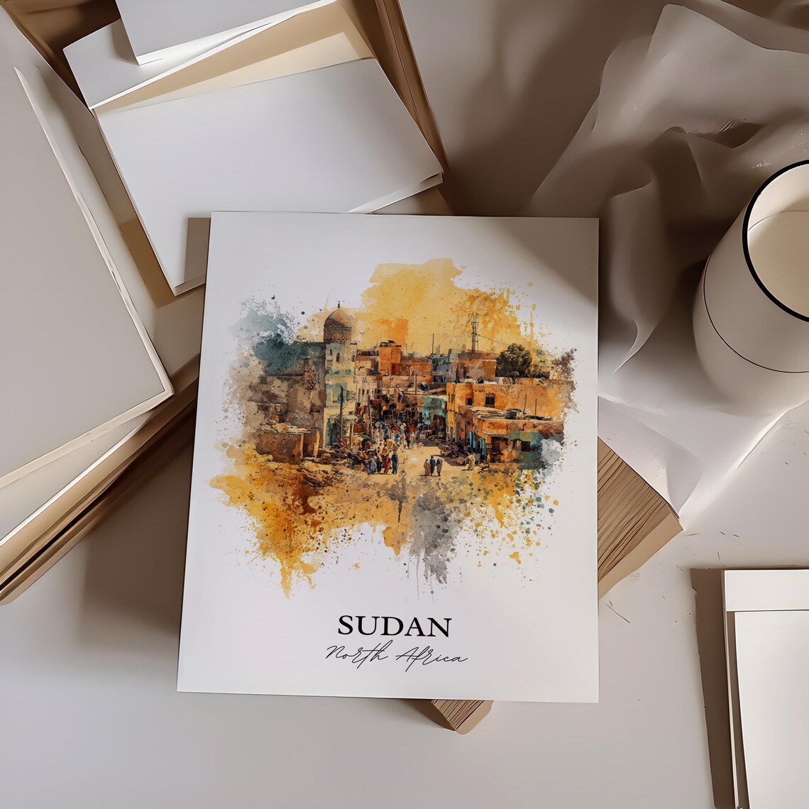 Sudan North Africa Ancient Desert Town Watercolor Travel Poster - Image 2