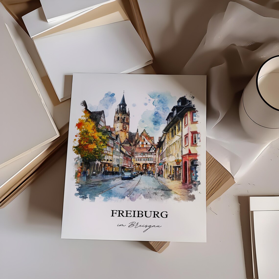 Freiburg im Breisgau Old Town Street Watercolor Travel Poster - Image 2