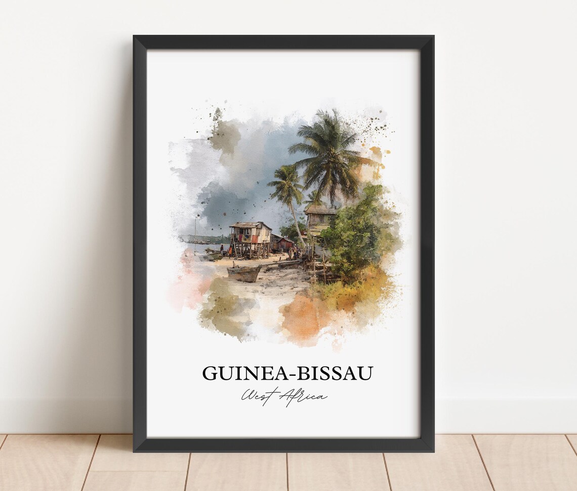 Guinea Bissau West Africa Coastal Fishing Village Watercolor Poster - Image 2