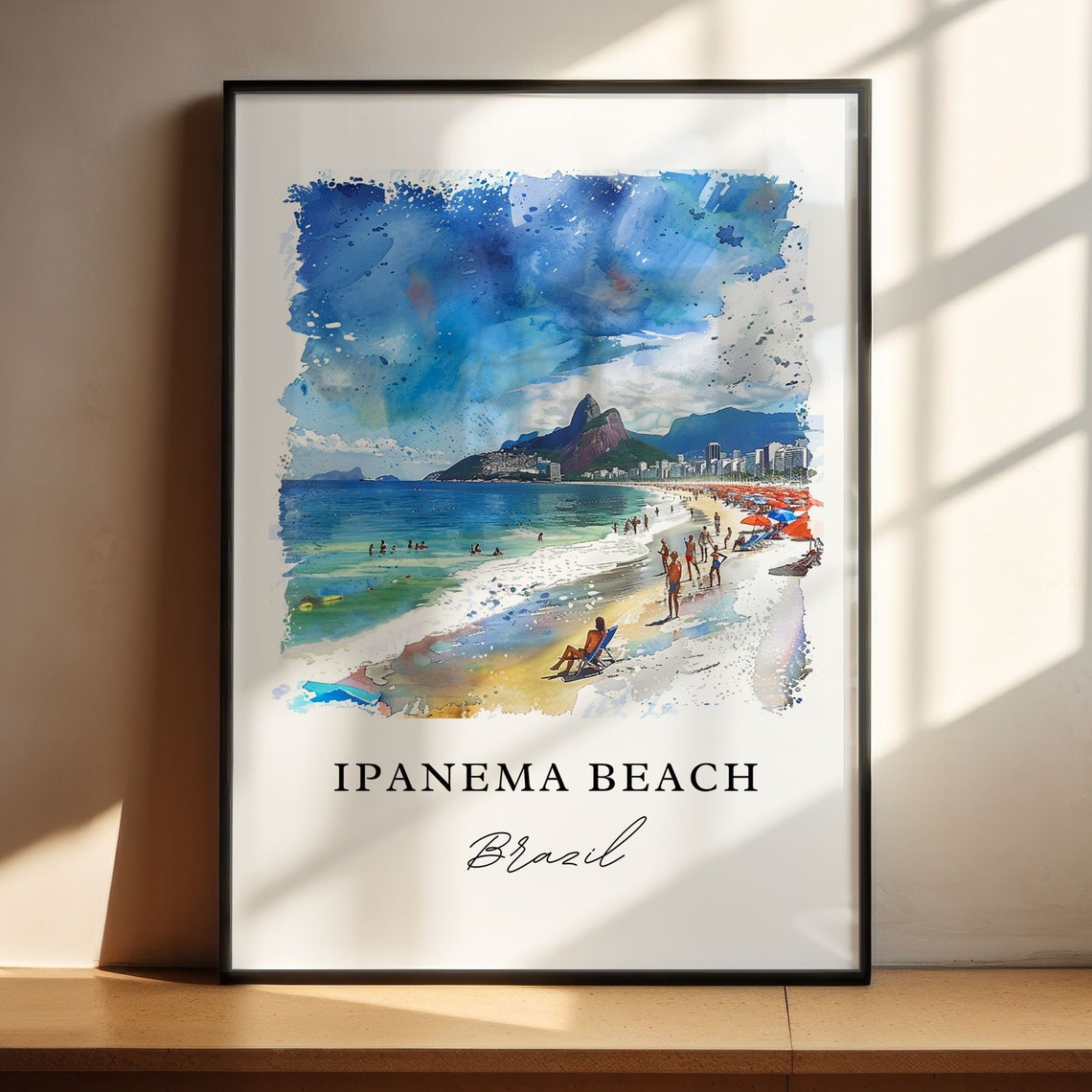 Ipanema Beach Brazil Mountain Backdrop Shoreline Watercolor Art Poster - Image 4