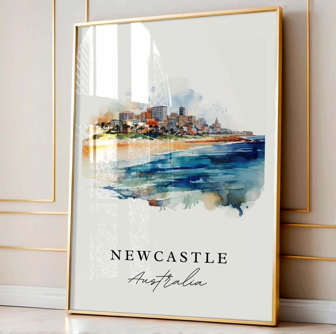 Newcastle Australia Beachfront Cityscape Watercolor Art Poster - Image 2