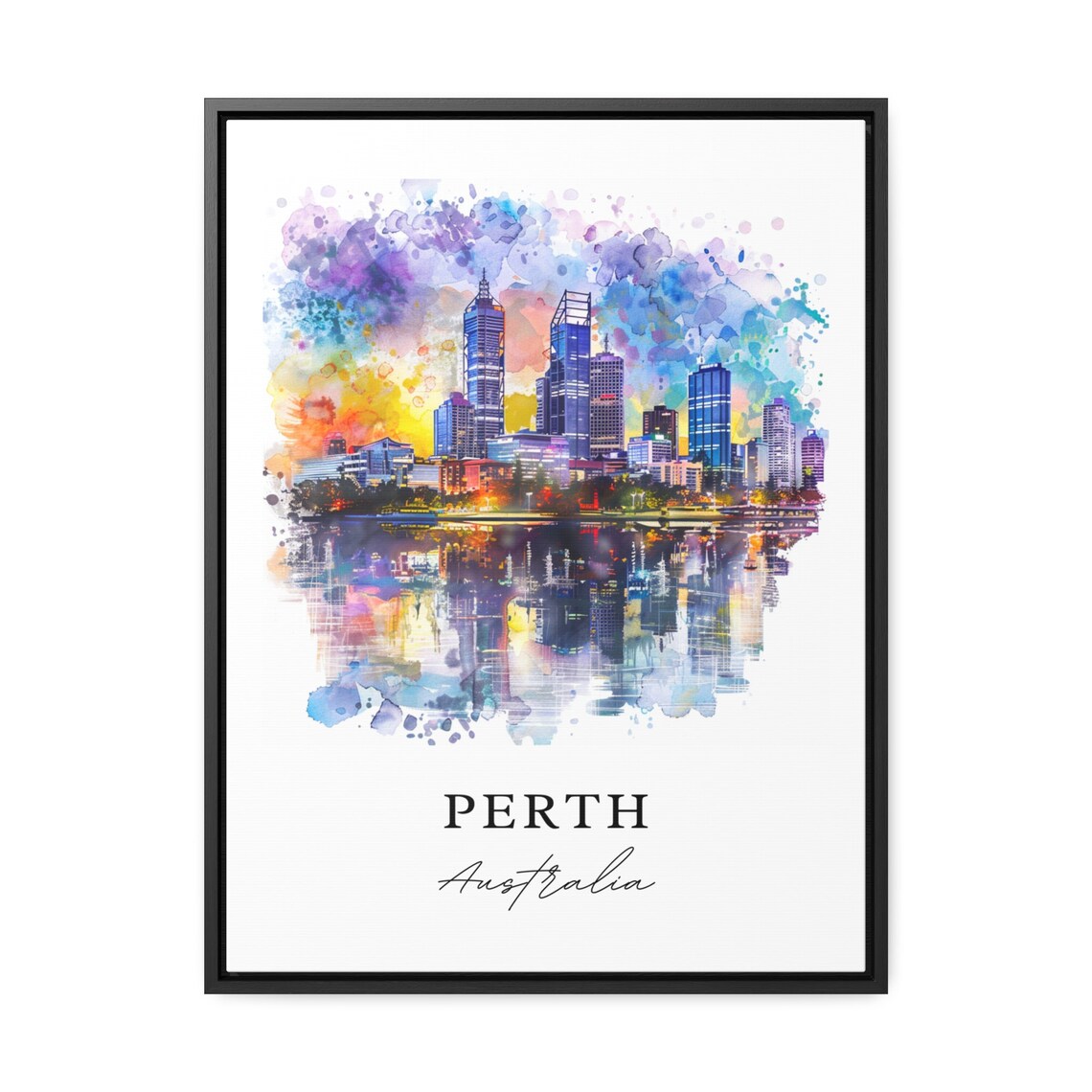 Perth Australia City Skyline Sunset Watercolor Splash Art Poster - Image 2