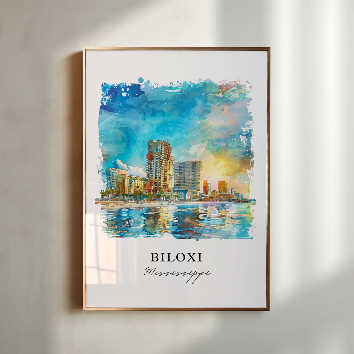 Biloxi Mississippi Watercolor Travel Poster, Beach Print
