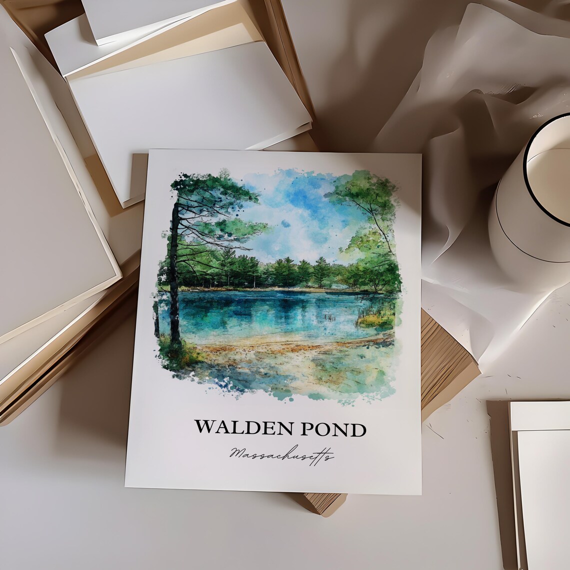 Walden Pond Massachusetts Tranquil Lake Pines Watercolor Poster - Image 3