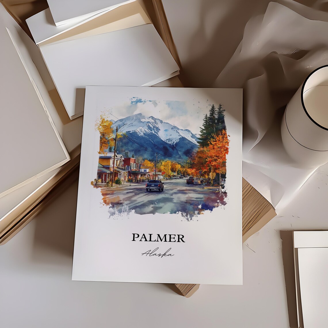 Palmer Alaska Mountain Main Street Autumn Watercolor Travel Poster - Image 3