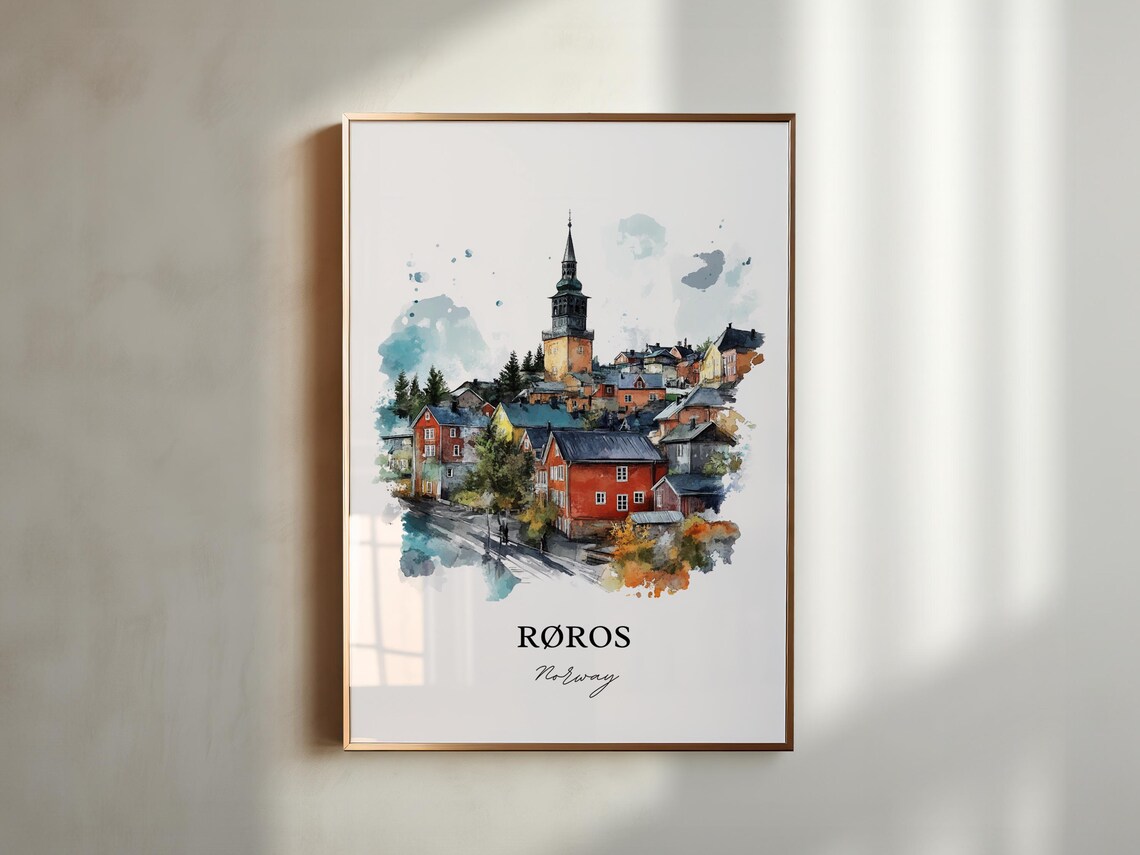 Roros Norway Watercolor Wooden Town Church Tower Travel Poster - Image 2