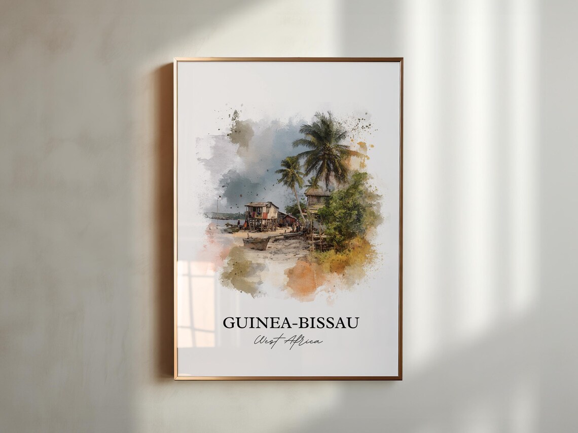 Guinea Bissau West Africa Coastal Fishing Village Watercolor Poster - Image 5