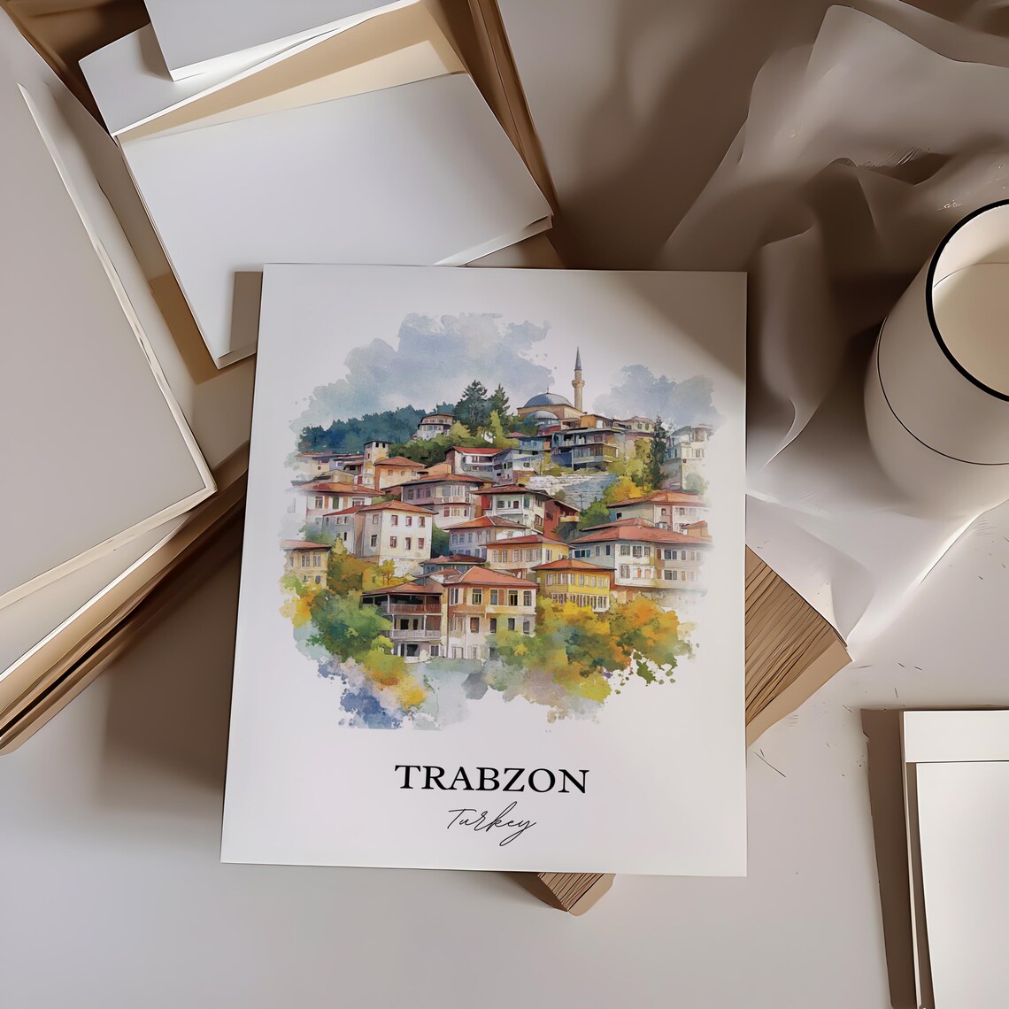 Trabzon Turkey Watercolor Old Town Hillside Houses Travel Poster - Image 3