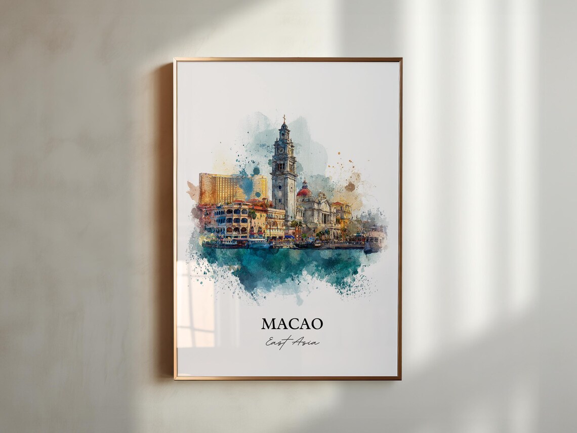 Macao East Asia Watercolor Historic Harbor Clock Tower Travel Poster - Image 6