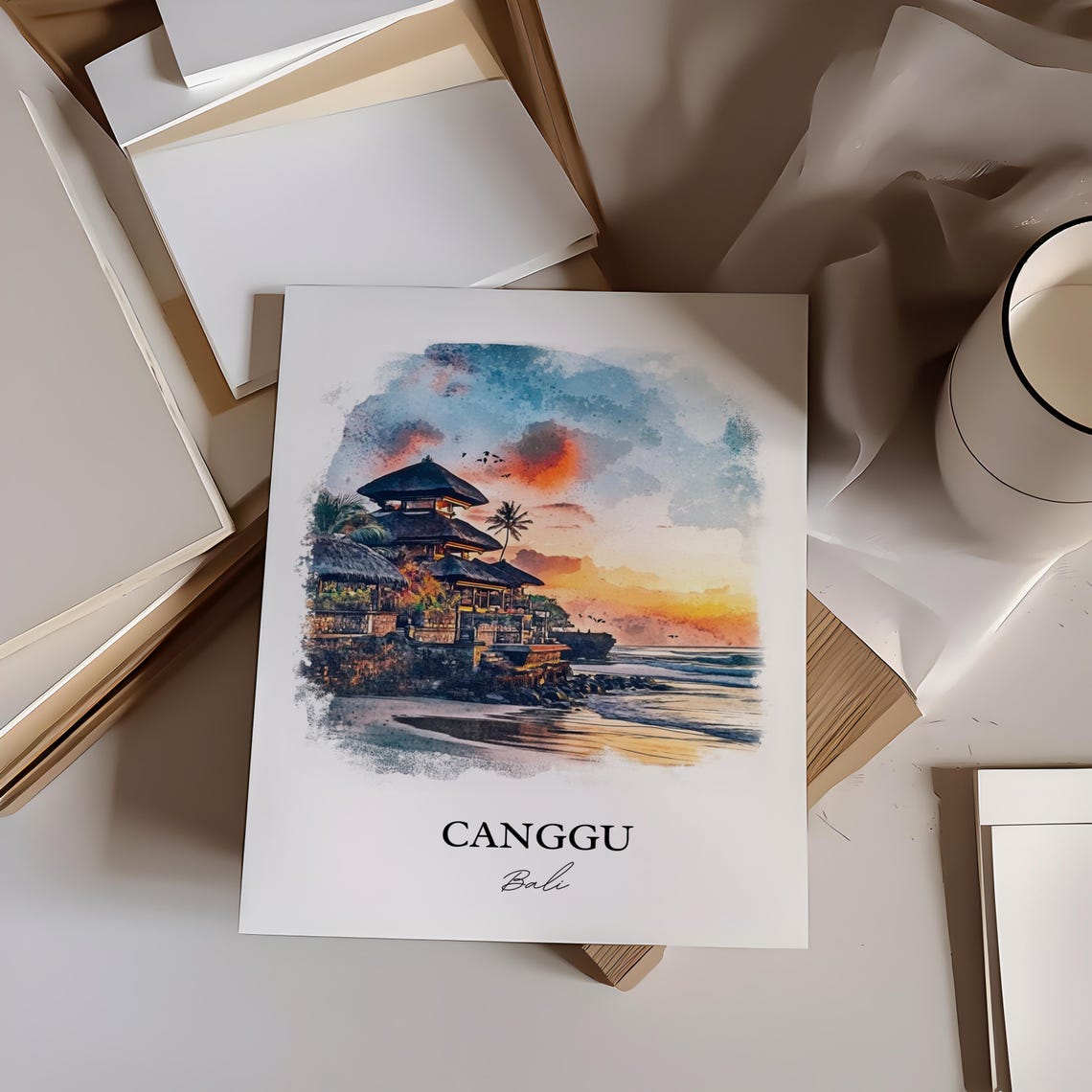 Canggu Bali Watercolor Sunset Beach Temple Golden Glow Poster - Image 3