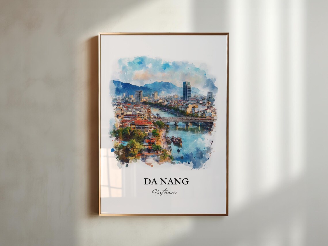 Da Nang Vietnam River City Bridge Scene Watercolor Travel Poster - Image 2