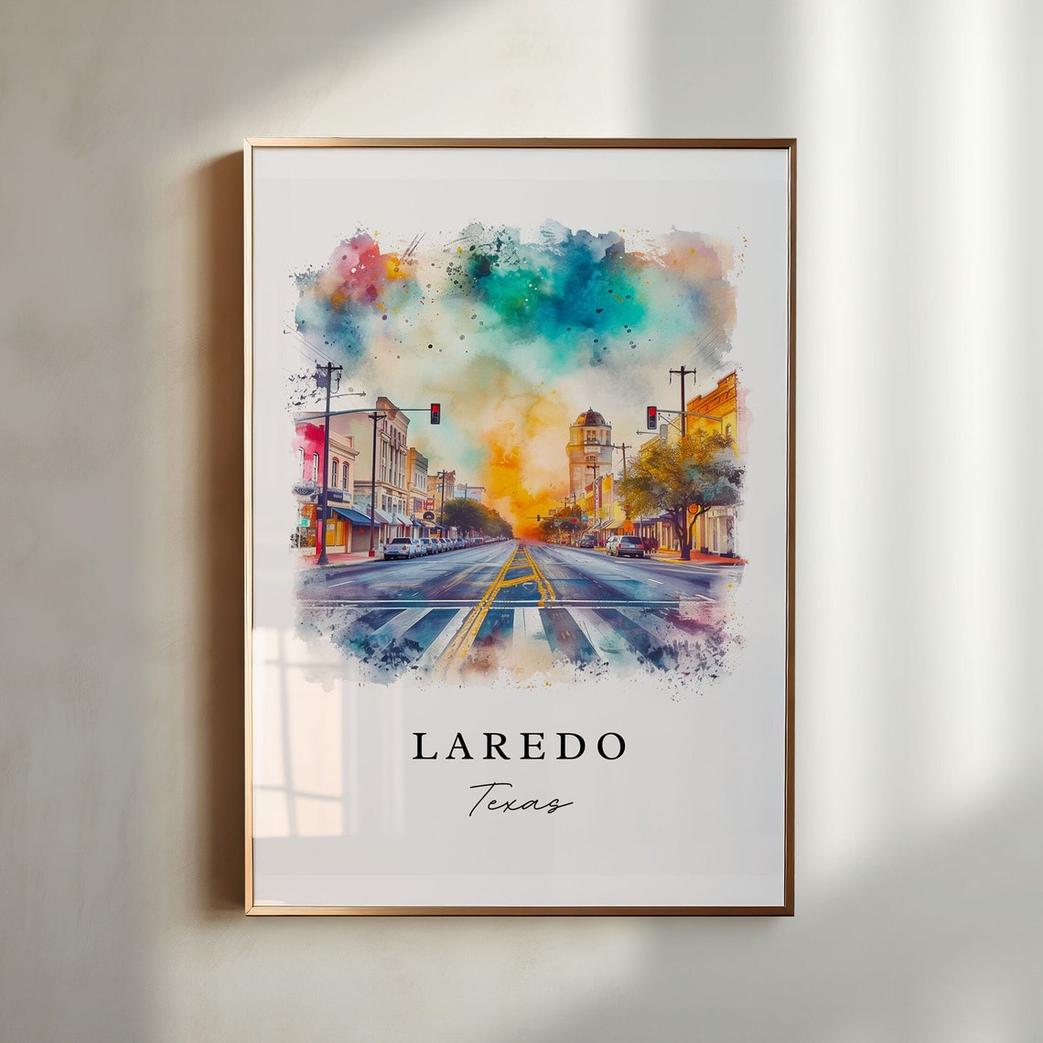 Laredo Texas Golden Downtown Street Clock Tower Watercolor Poster