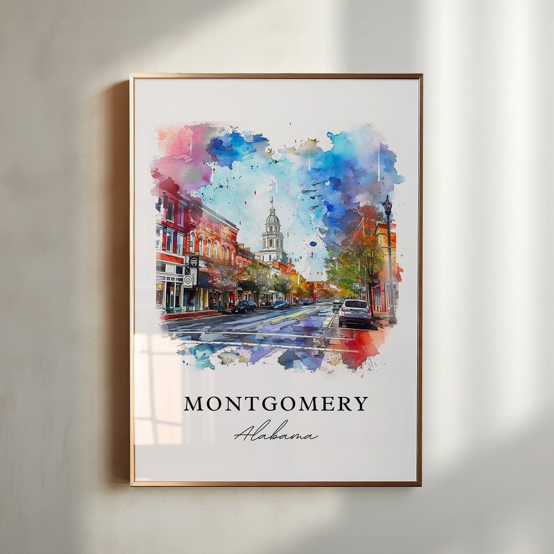 Montgomery Alabama Watercolor Downtown Main Street Clock Tower Poster