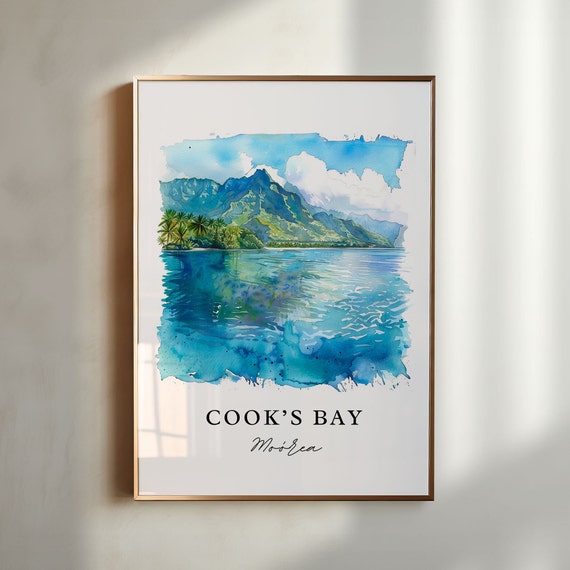 Cooks Bay Moorea Watercolor Travel Poster, French Polynesia