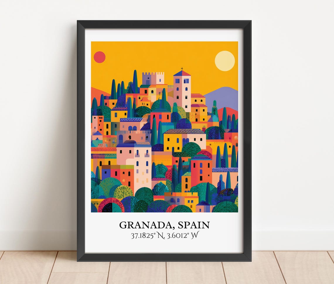 Granada Spain Hillside Town Sun And Moon Retro Travel Art Poster - Image 5