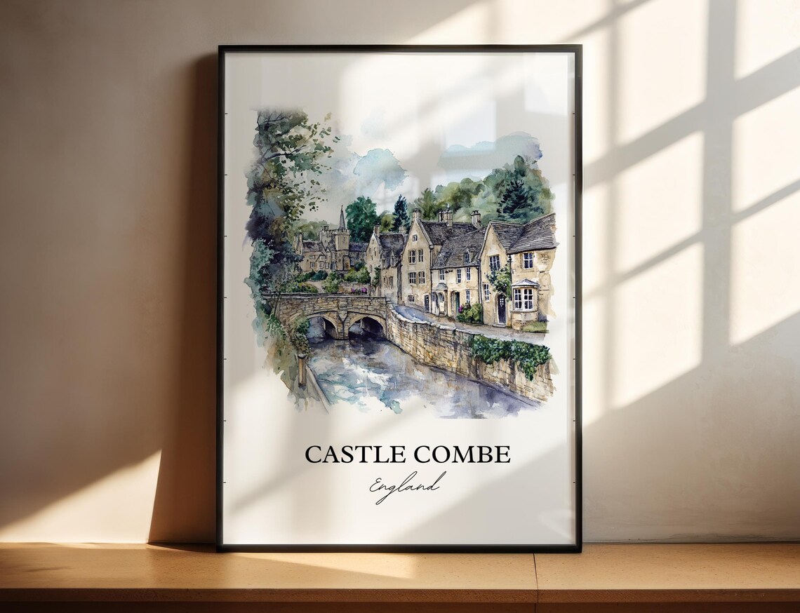 Castle Combe England Cotswold Village Bridge Watercolor Travel Poster