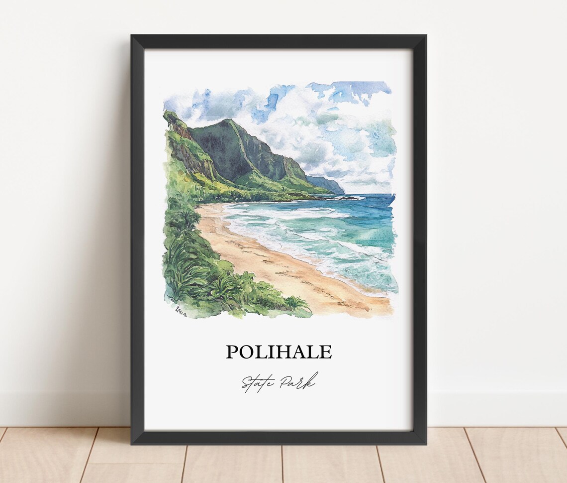 Polihale State Park Kauai Beach Green Cliffs Watercolor Travel Poster - Image 5