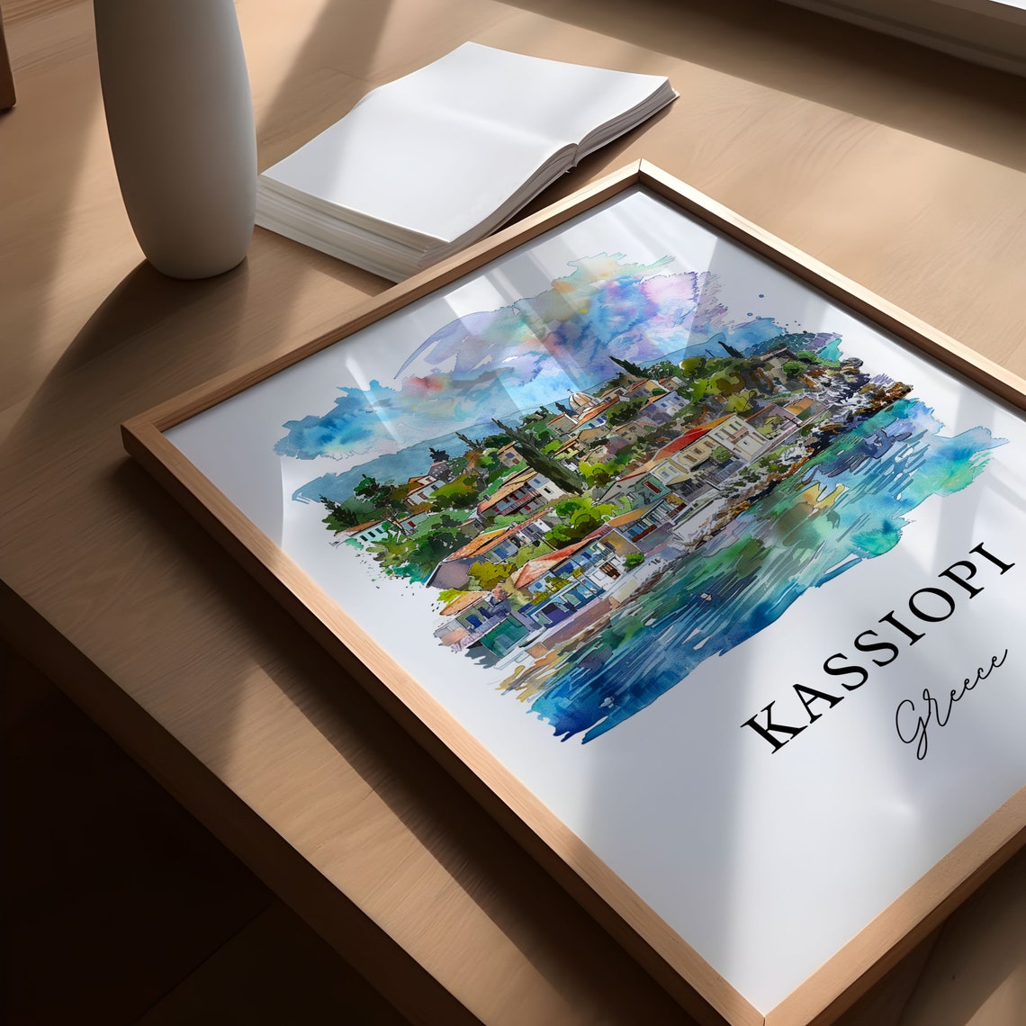 Kassiopi Corfu Greece Coastal Village Harbor Watercolor Poster - Image 6