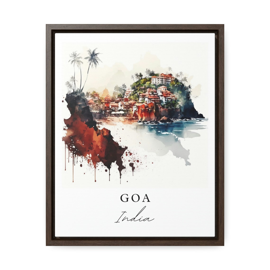 Goa India Watercolor Coastal Town Red Cliffs Palm Trees Travel Poster - Image 2