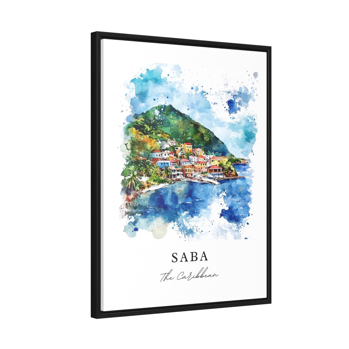 Saba Caribbean Island Coastal Town Watercolor Tropical Travel Poster - Image 2
