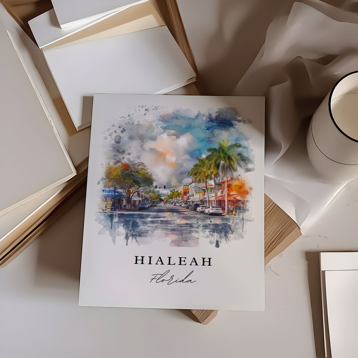 Hialeah Florida Palm Street Storefront Watercolor City Poster - Image 5