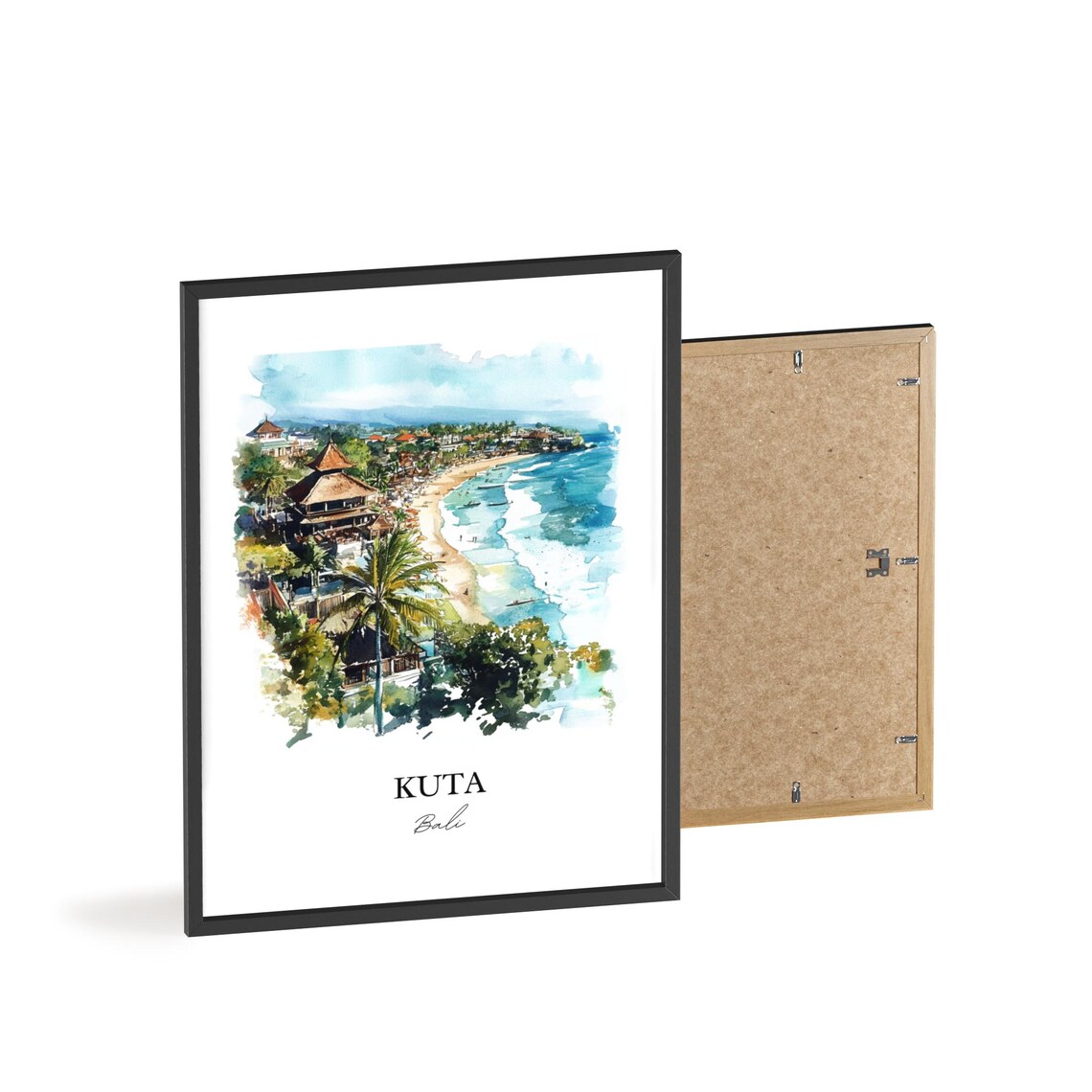 Kuta Bali Watercolor Beach Waves Surf Temple Aerial View Poster - Image 2