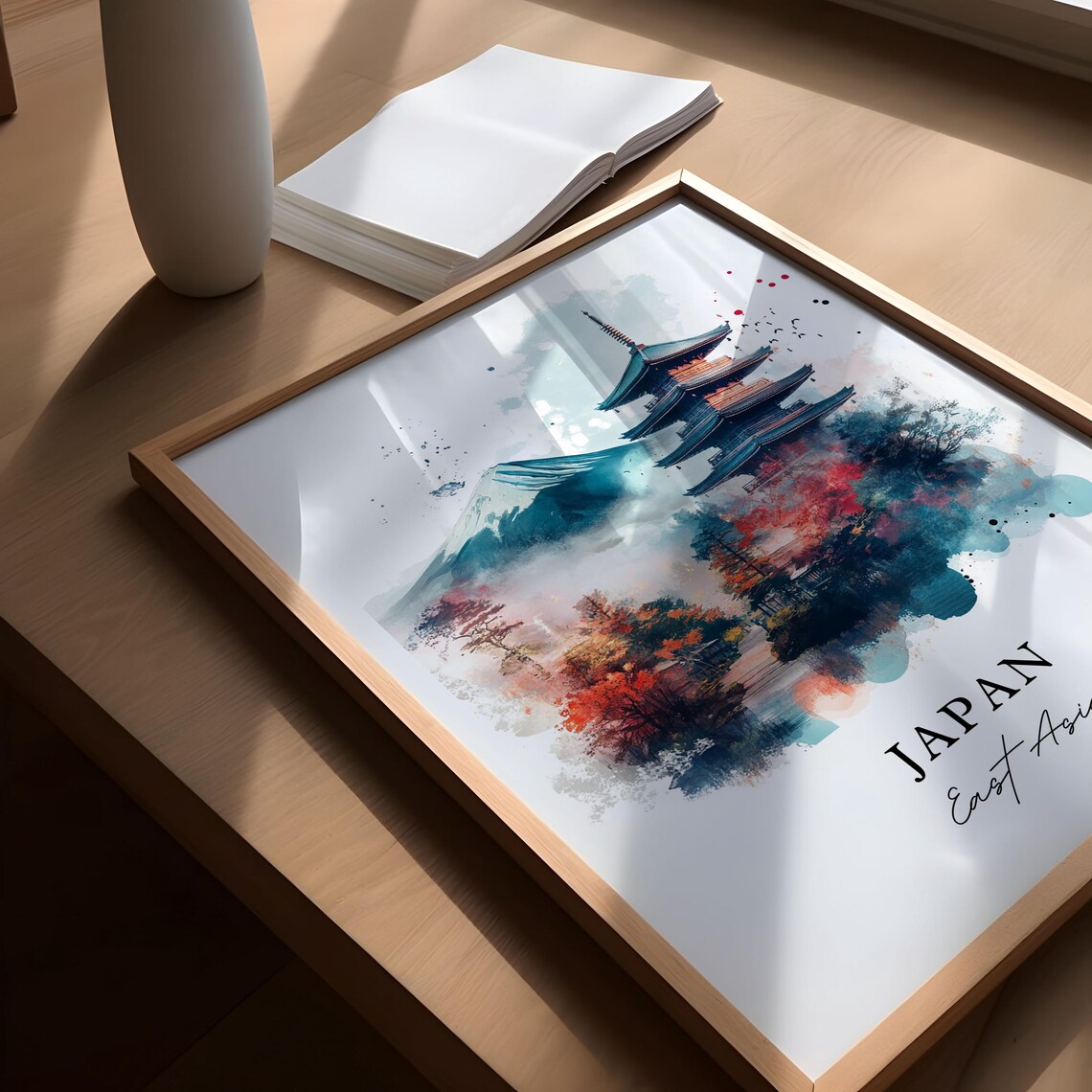 Japan Watercolor Art Mount Fuji Pagoda Autumn Foliage Poster - Image 4