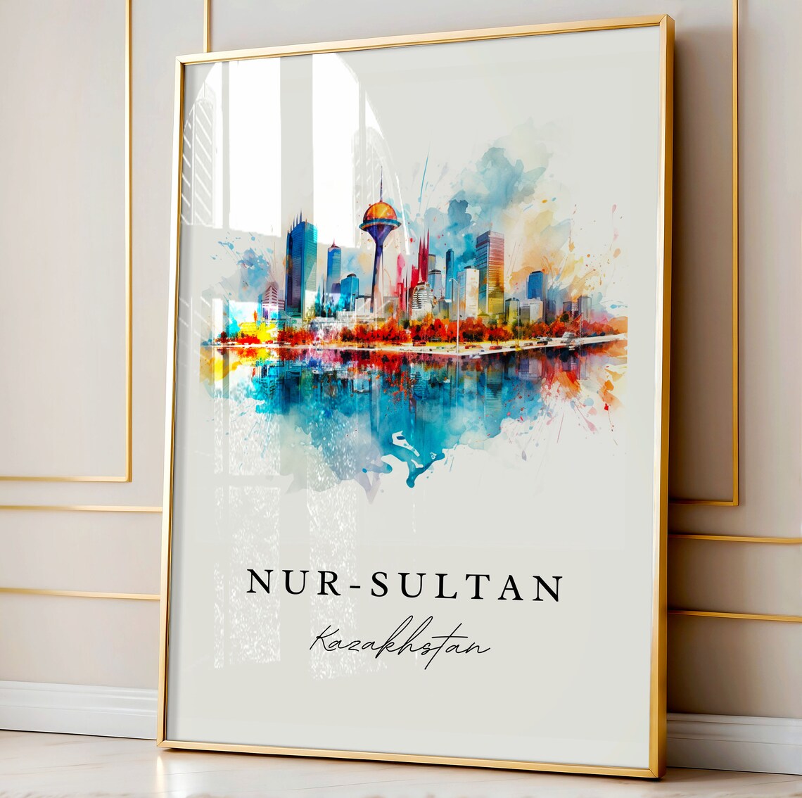 Nur Sultan Kazakhstan Watercolor Modern Skyline Golden Sphere Tower Poster - Image 5