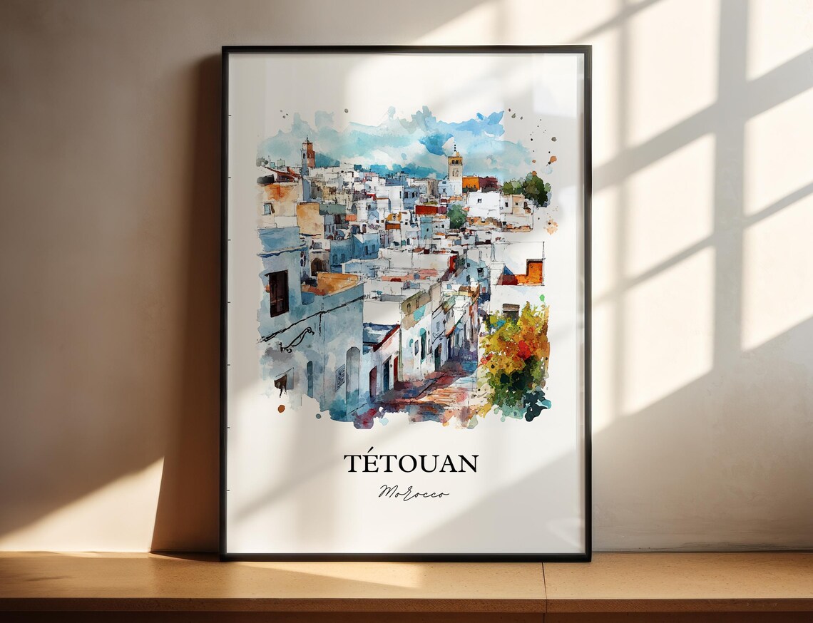 Tetouan Morocco African Watercolor Medina Blue Town Art Poster