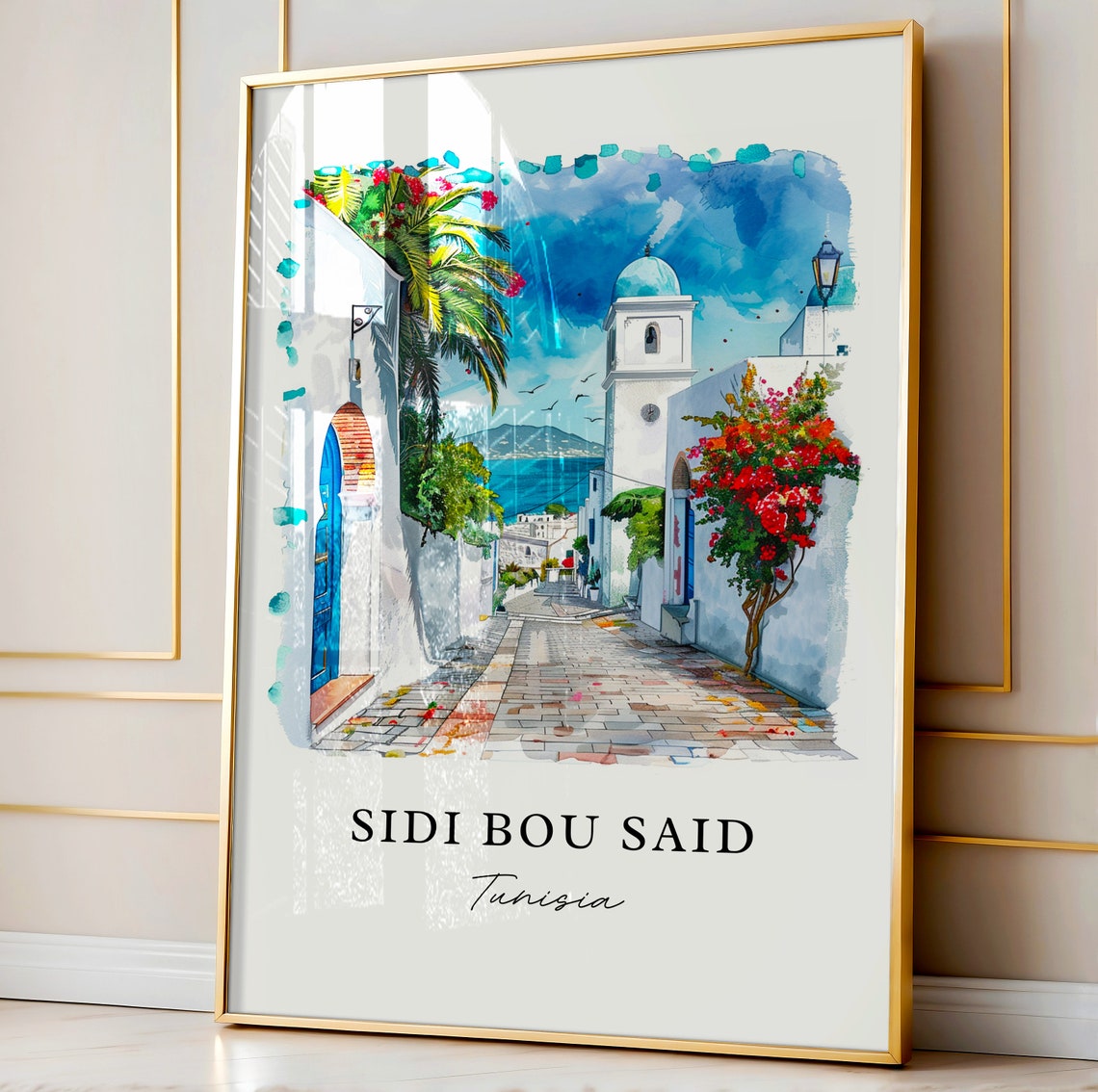 Sidi Bou Said Tunisia Watercolor Blue White Village Street Print - Image 4