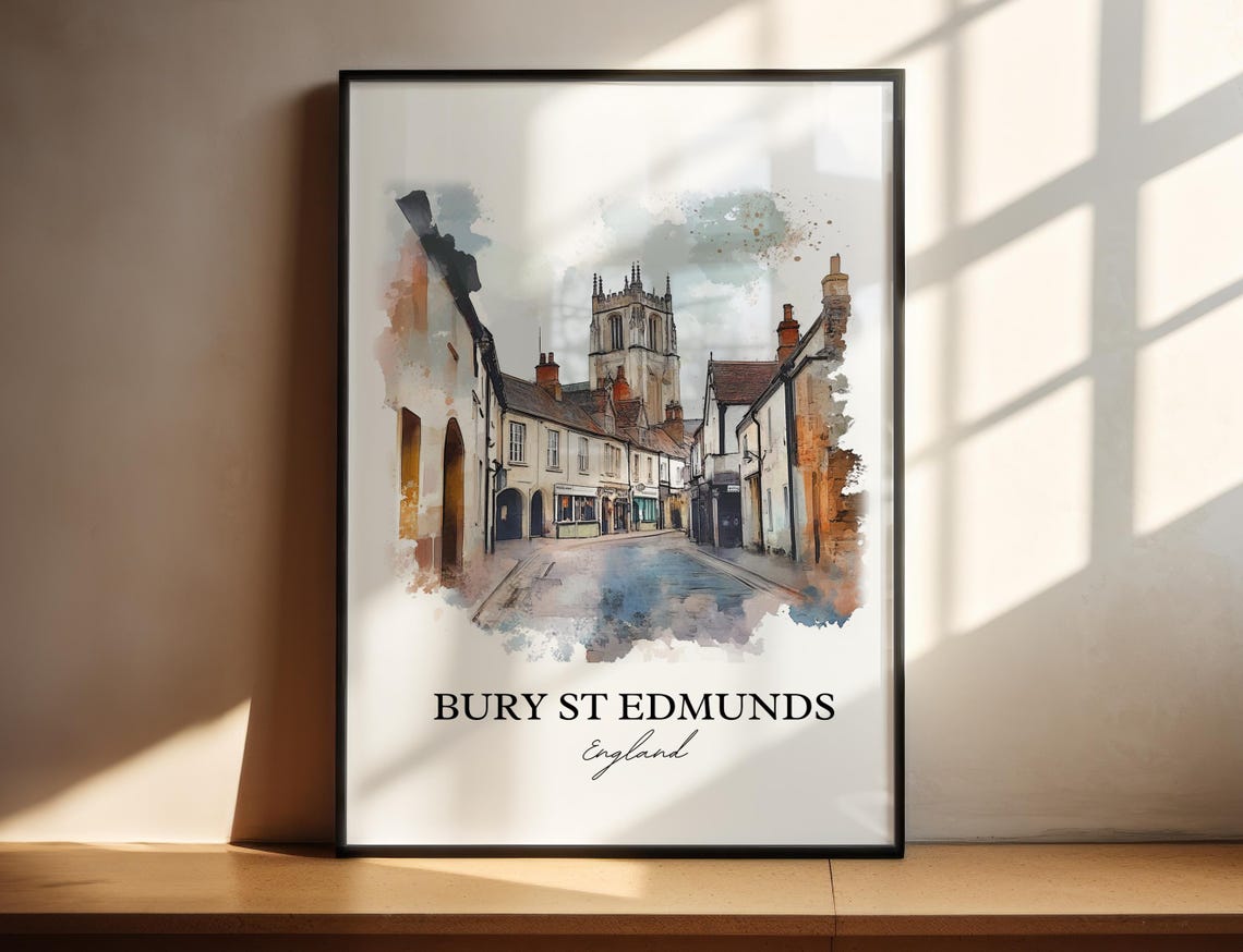 Bury St Edmunds England Historic Street Watercolor Skyline Art Poster