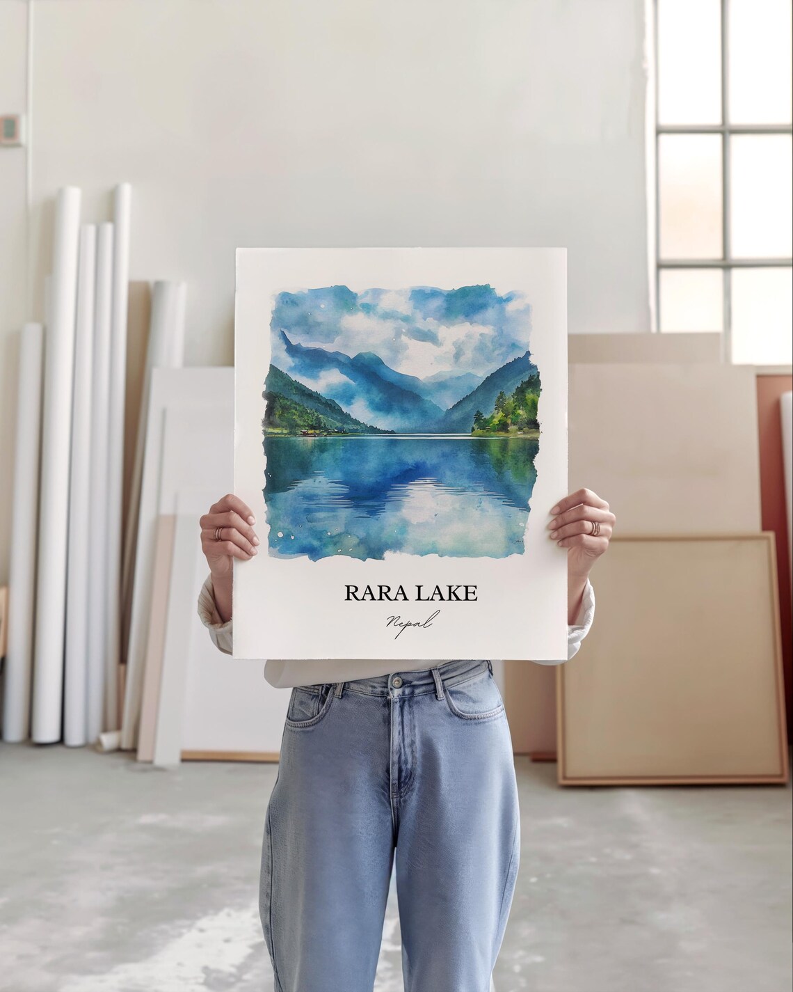 Rara Lake Nepal Watercolor Mountain Lake Reflection Travel Poster - Image 6