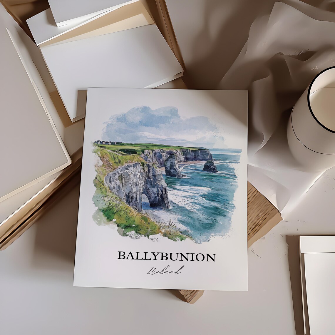 Ballybunion Ireland Sea Cliffs Watercolor Coastal Landscape Art Poster - Image 4