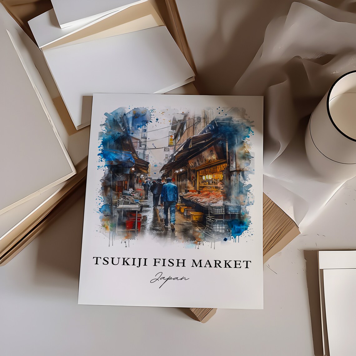 Tsukiji Fish Market Tokyo Japan Alley Watercolor Street Food Poster - Image 6