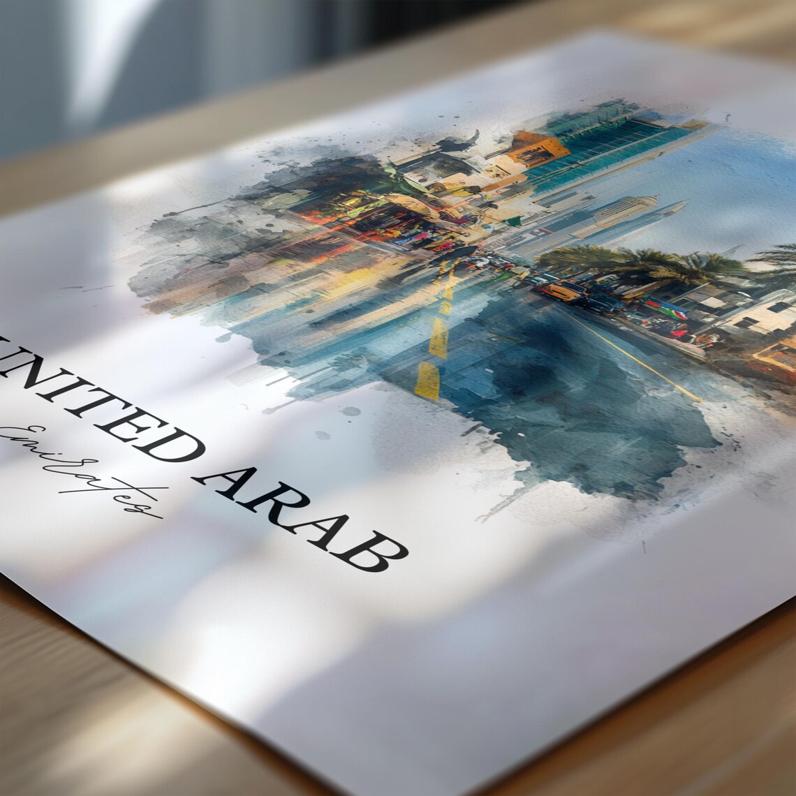 United Arab Emirates Watercolor Art Palm Avenue Skyline Poster - Image 6
