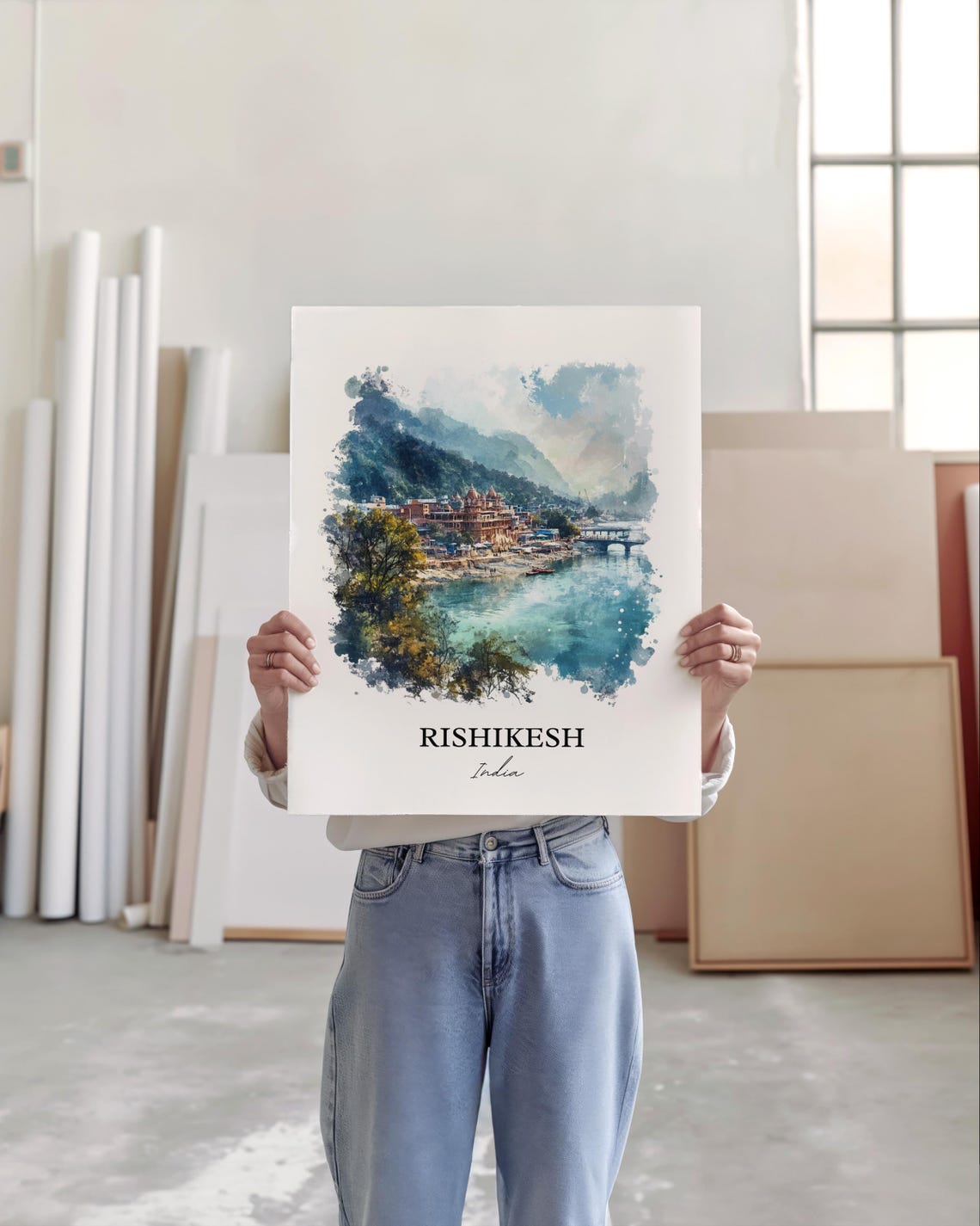 Rishikesh India Watercolor Riverside Temples Ganges River Poster - Image 4