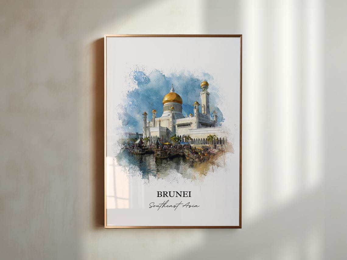 Brunei Southeast Asia Golden Dome Mosque Waterfront Watercolor Poster - Image 5