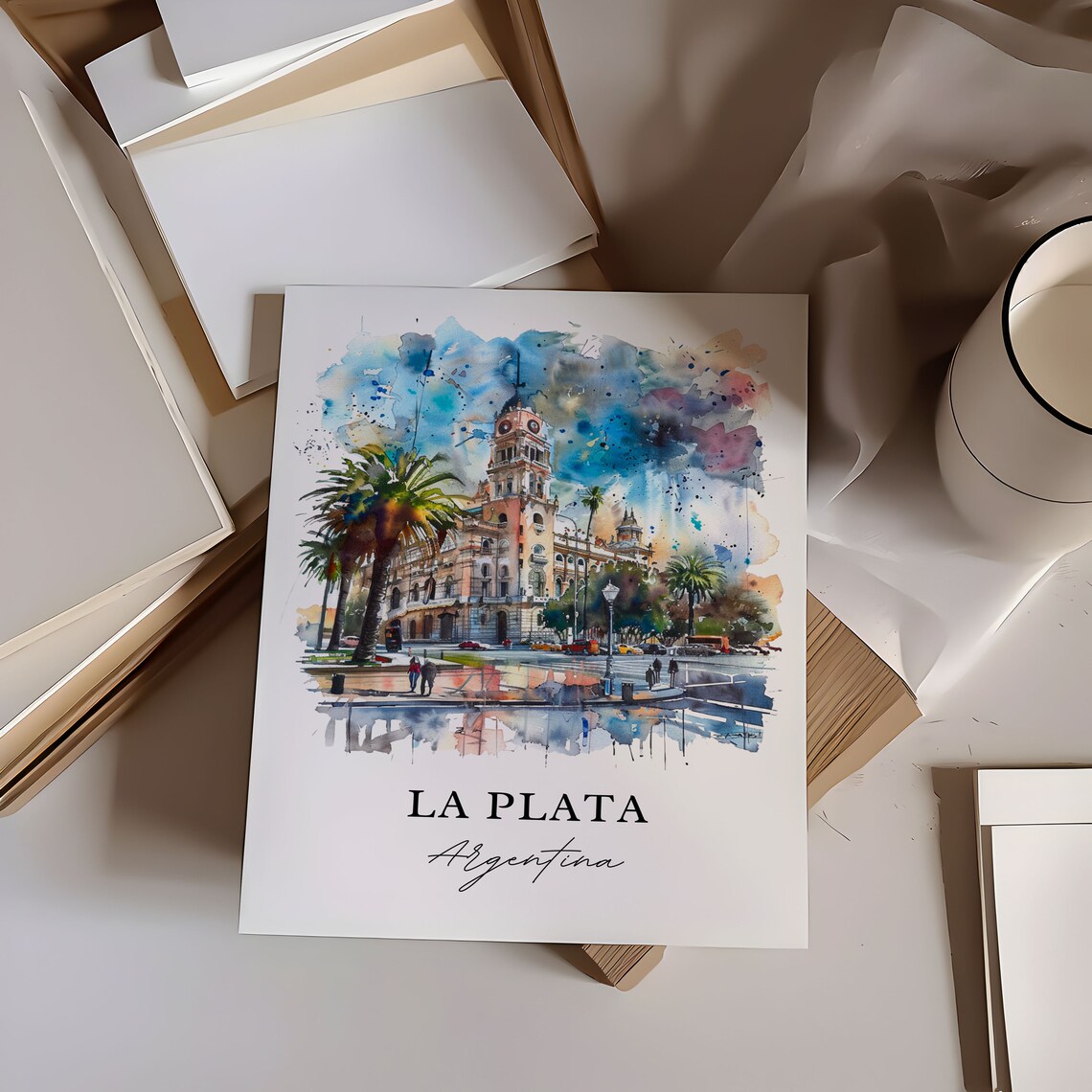 La Plata Argentina Watercolor Historic City Hall Skyline Poster - Image 6