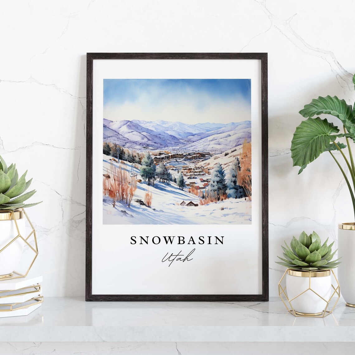 Snowbasin Utah Ski Resort Winter Mountain Scenic Watercolor Poster - Image 3