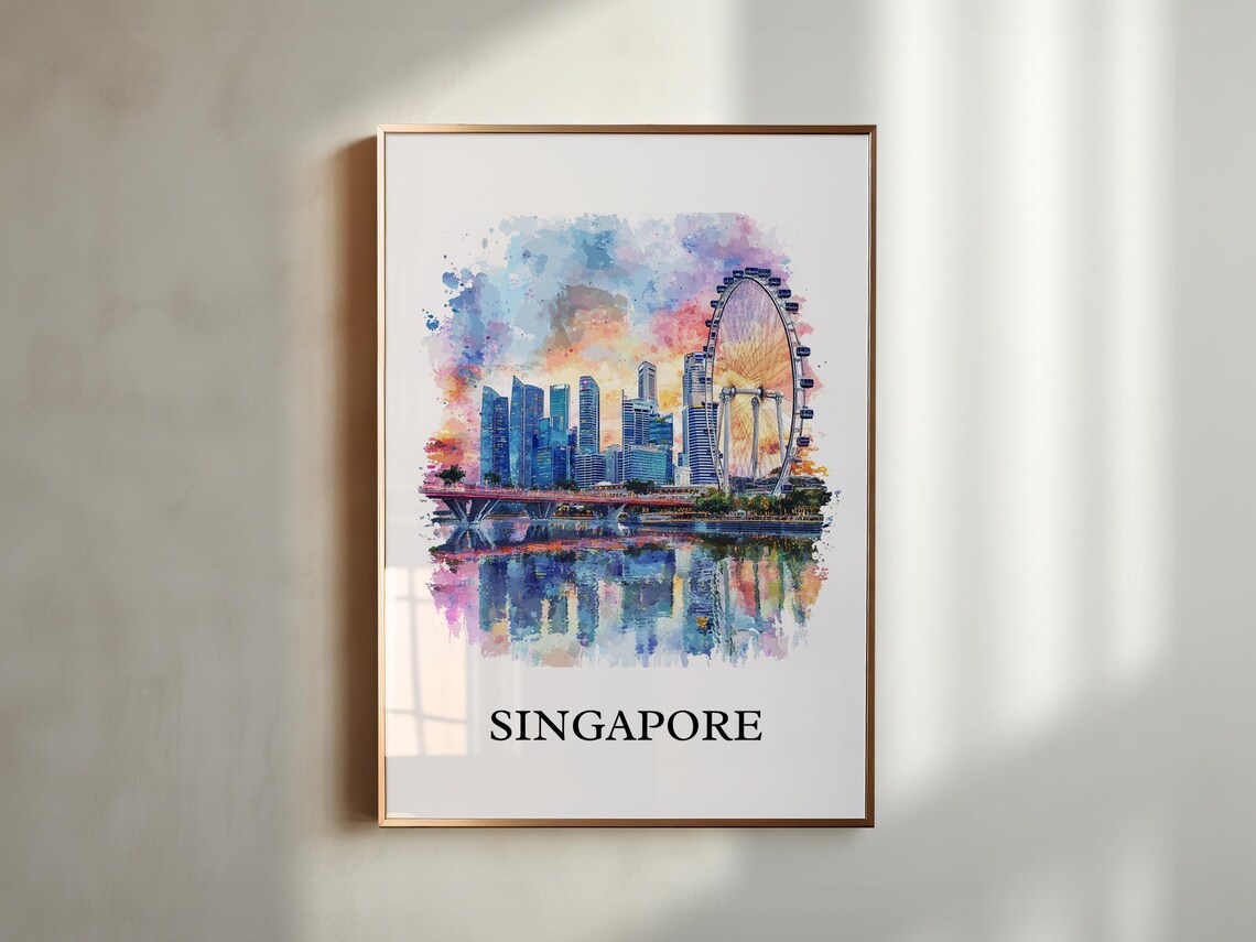 Singapore Watercolor Marina Bay Skyline Ferris Wheel View Poster - Image 4