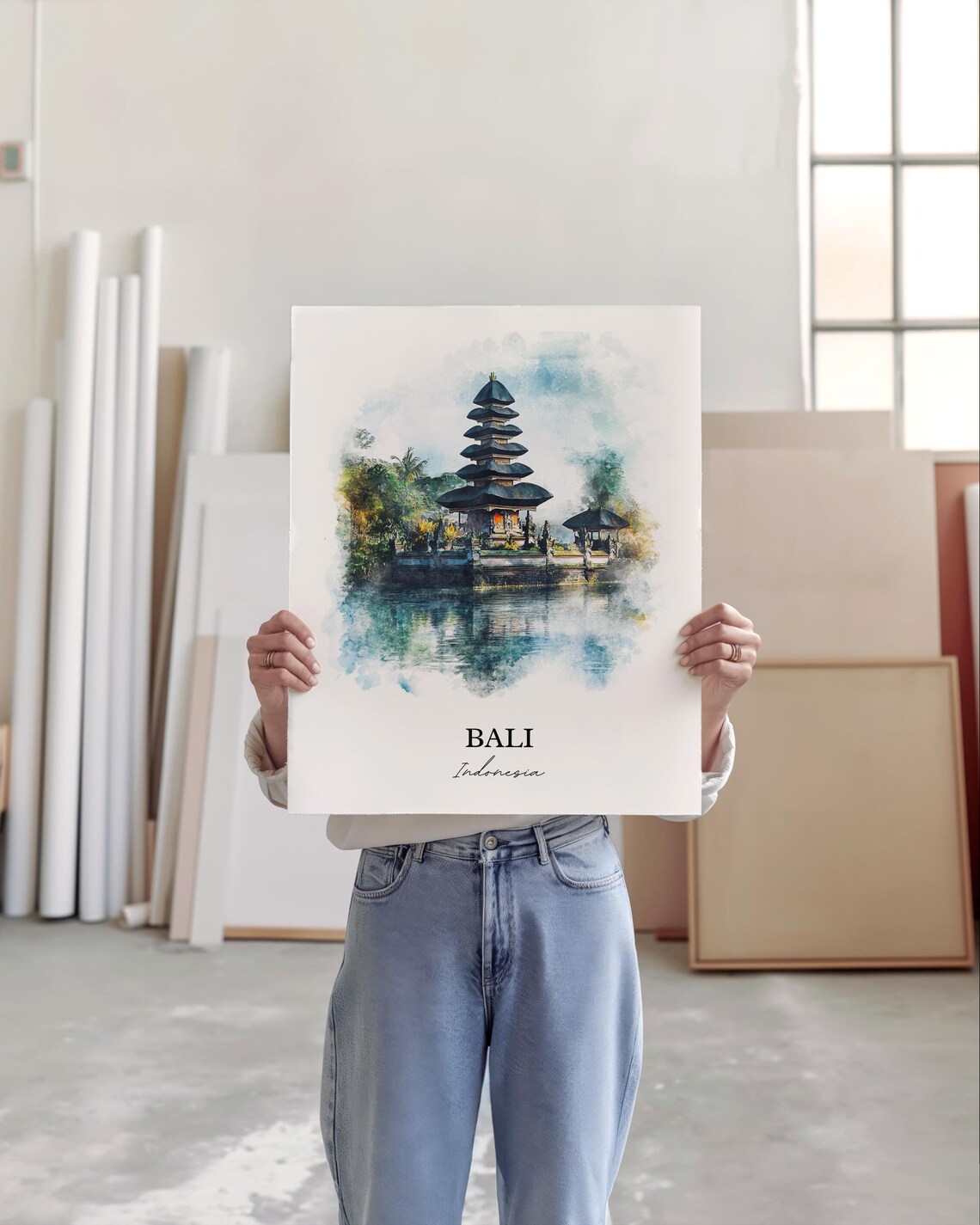 Bali Indonesia Watercolor Lake Temple Serene Island Scene Poster - Image 6